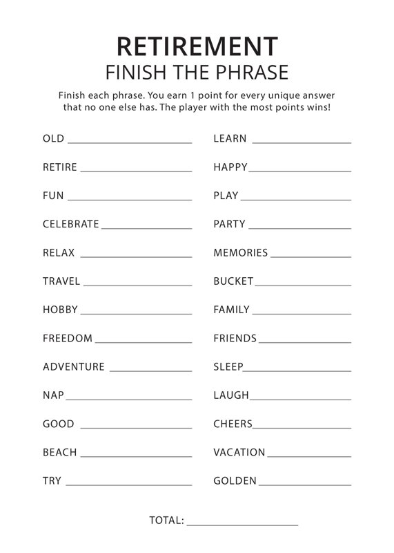Retirement Finish the Phrase Game