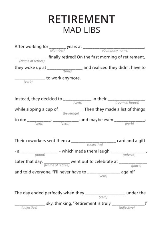 Retirement Mad Libs Game