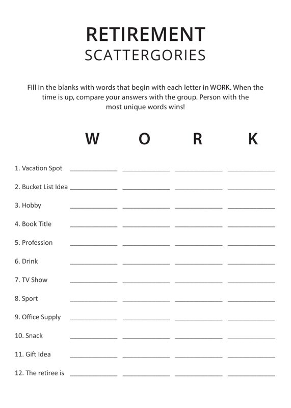 Retirement Scattergories Game