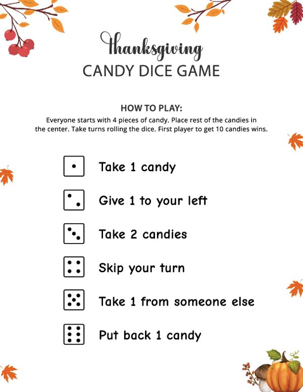 Thanksgiving Candy Dice Game