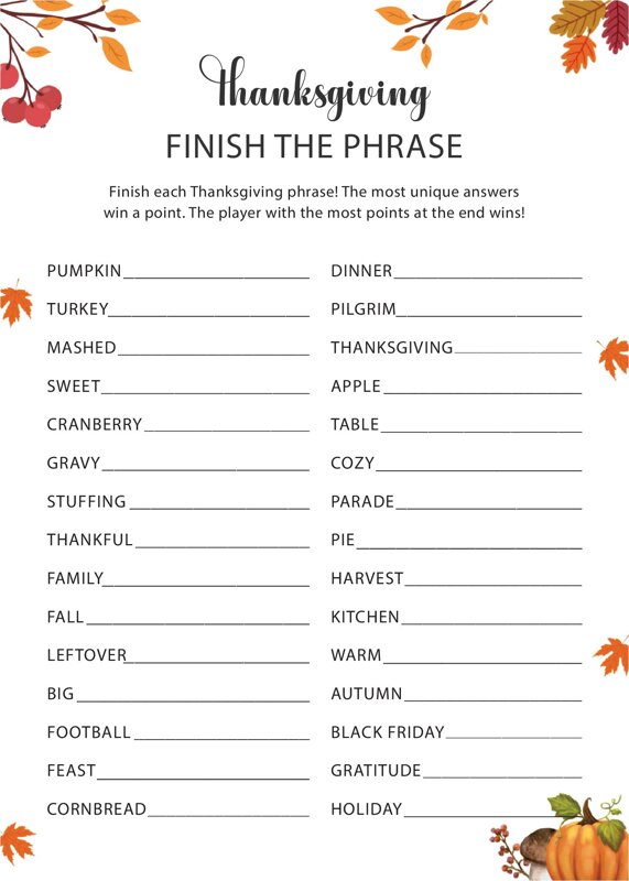 Thanksgiving Finish the Phrase