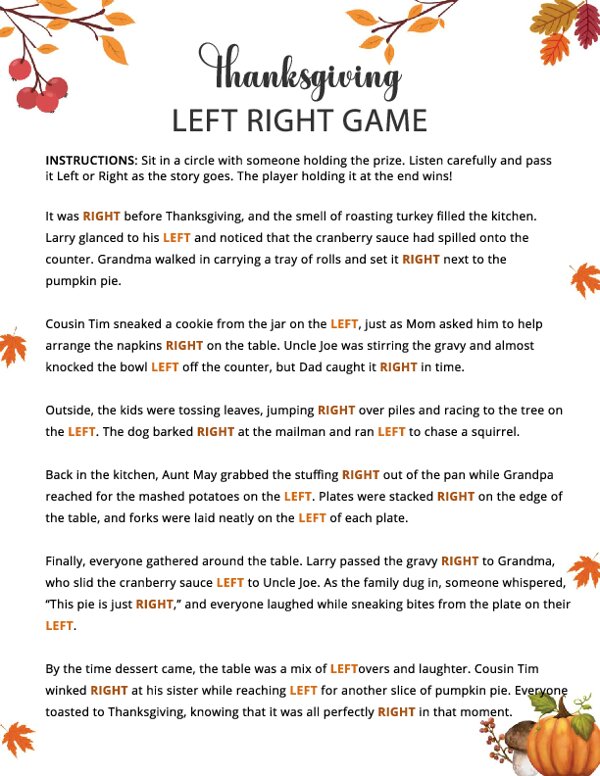 Thanksgiving Left Right Game