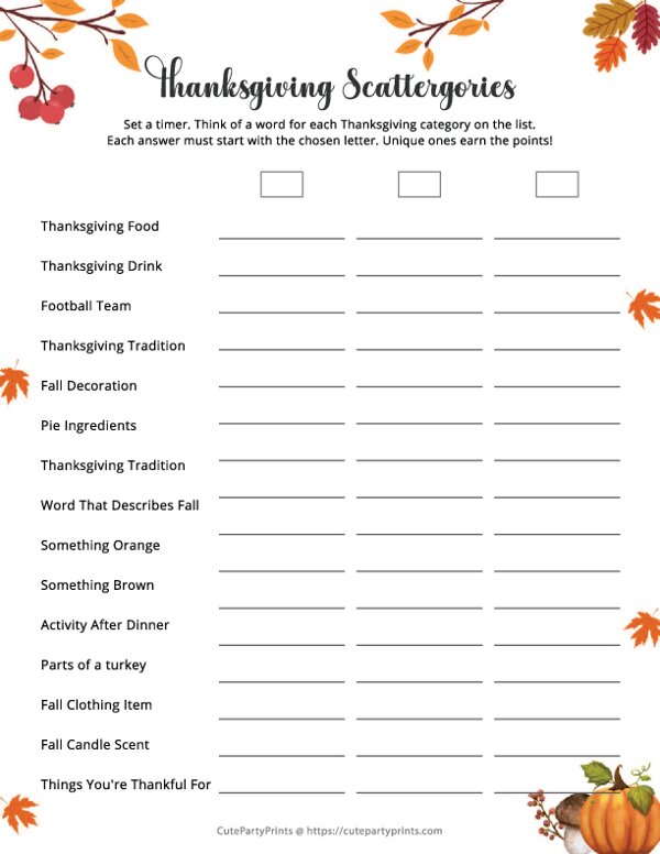 Thanksgiving Scattergories