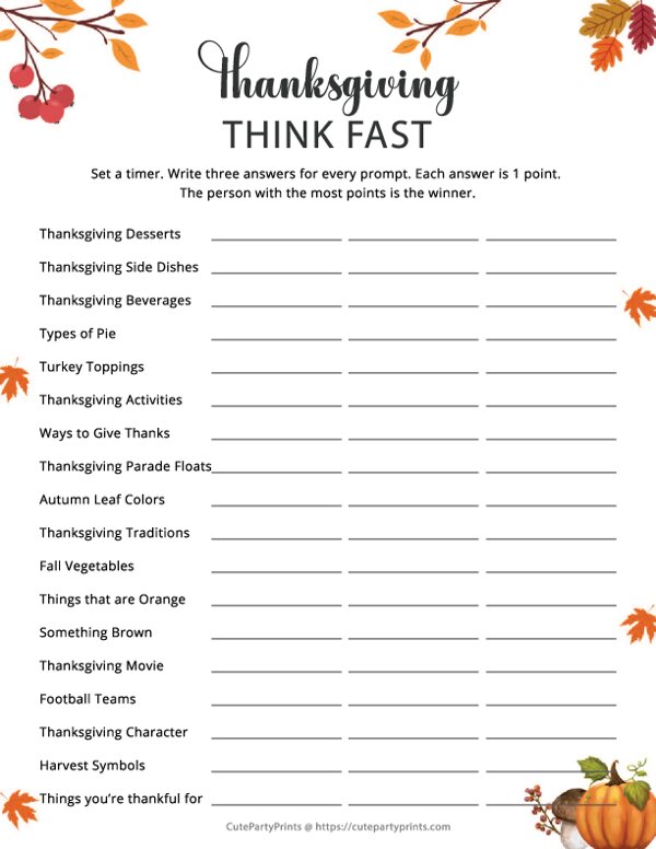 Thanksgiving Think Fast Game