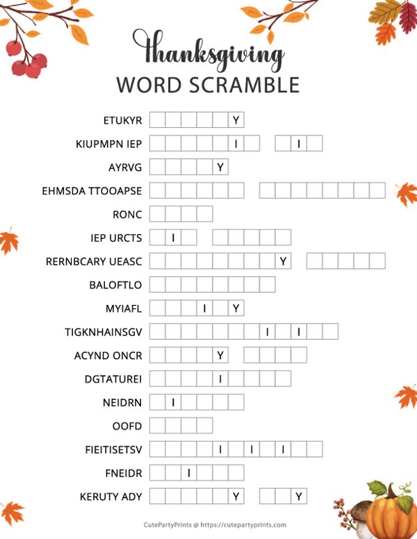 Thanksgiving Word Scramble