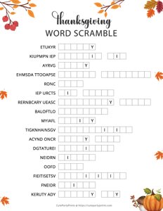 Thanksgiving Word Scramble