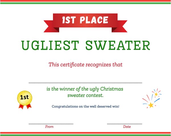 1st Place Winner Ugliest Christmas Sweater Certificate