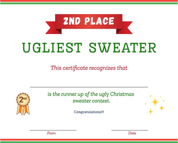2nd Place Ugliest Christmas Sweater Certificate