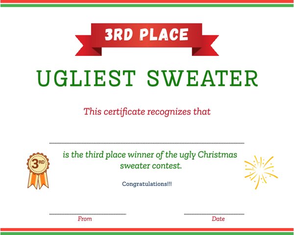 3rd Place Ugliest Christmas Sweater Certificate