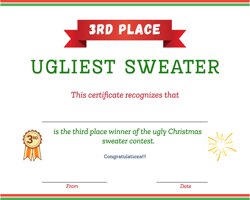 3rd Place Ugliest Christmas Sweater Certificate