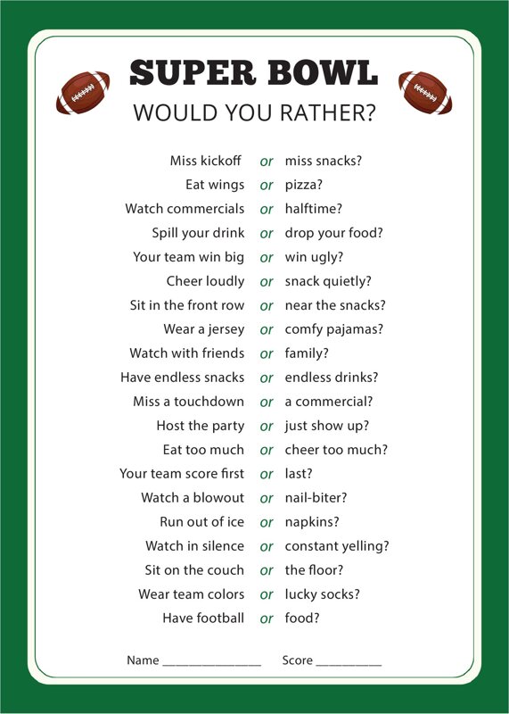 Super Bowl Would You Rather