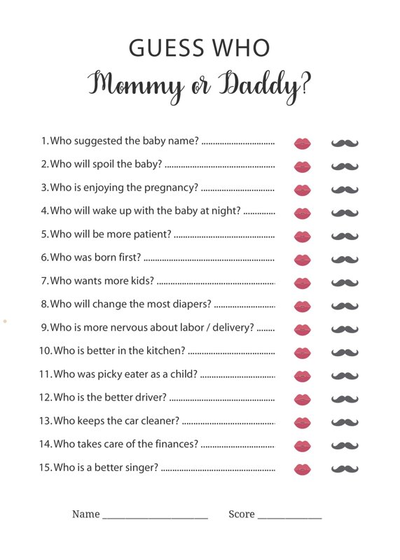 Mommy or Daddy Baby Shower Game