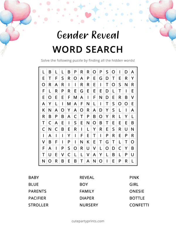 Gender Reveal Word Search Game