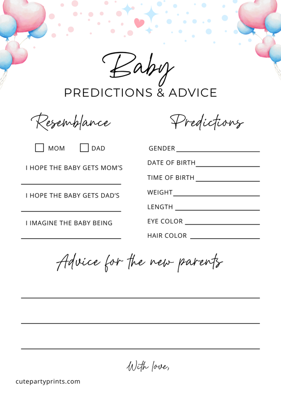 Gender Reveal Baby Prediction & Advice Cards