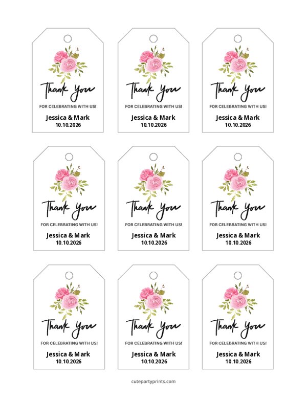 Pink Floral Wedding Favor Thank You Tags