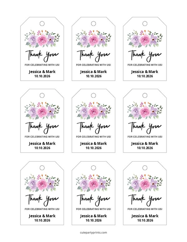 Pink Floral Thank You Tags for Weddings