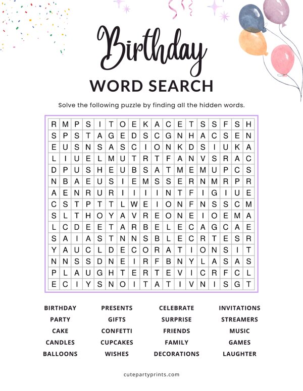 Birthday Word Search