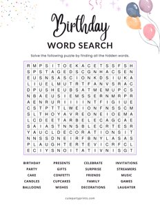 Birthday Word Search