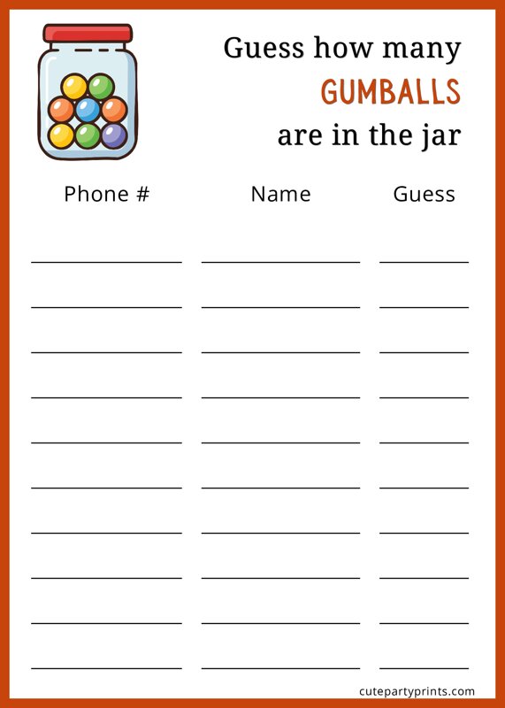 Guess How Many Gumballs Are in the Jar Entry Sheet