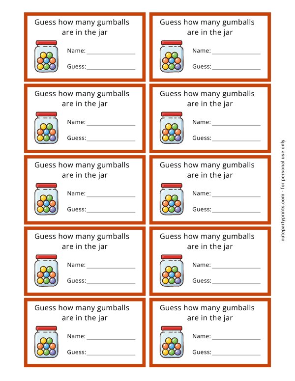 Guess How Many Gumballs Are in the Jar Game Cards