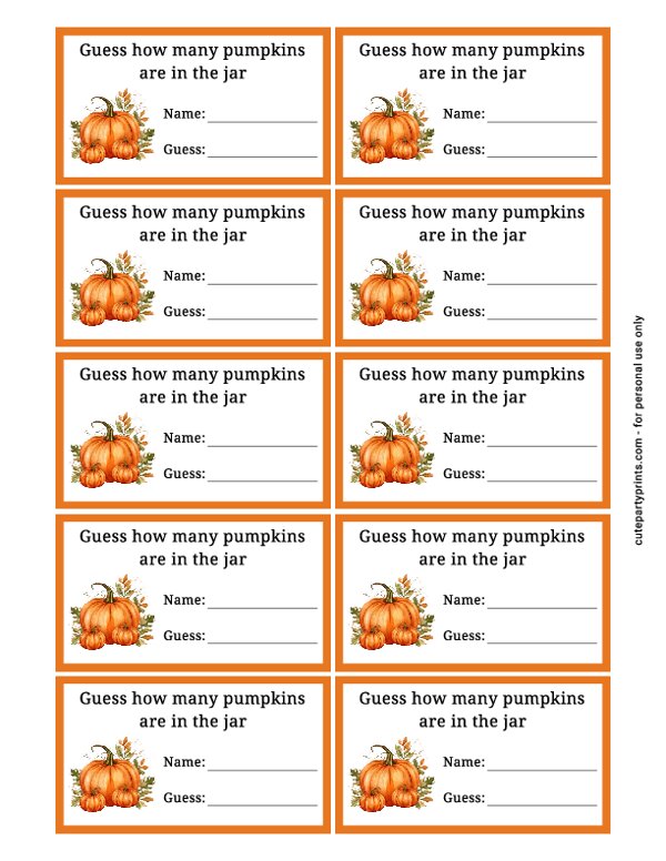How many Pumpkins Guessing Cards
