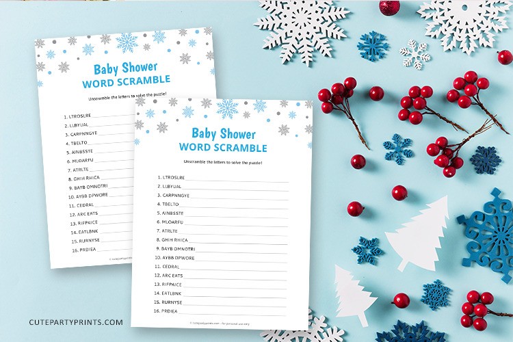 Blue Silver Snowflake Baby Shower Word Scramble