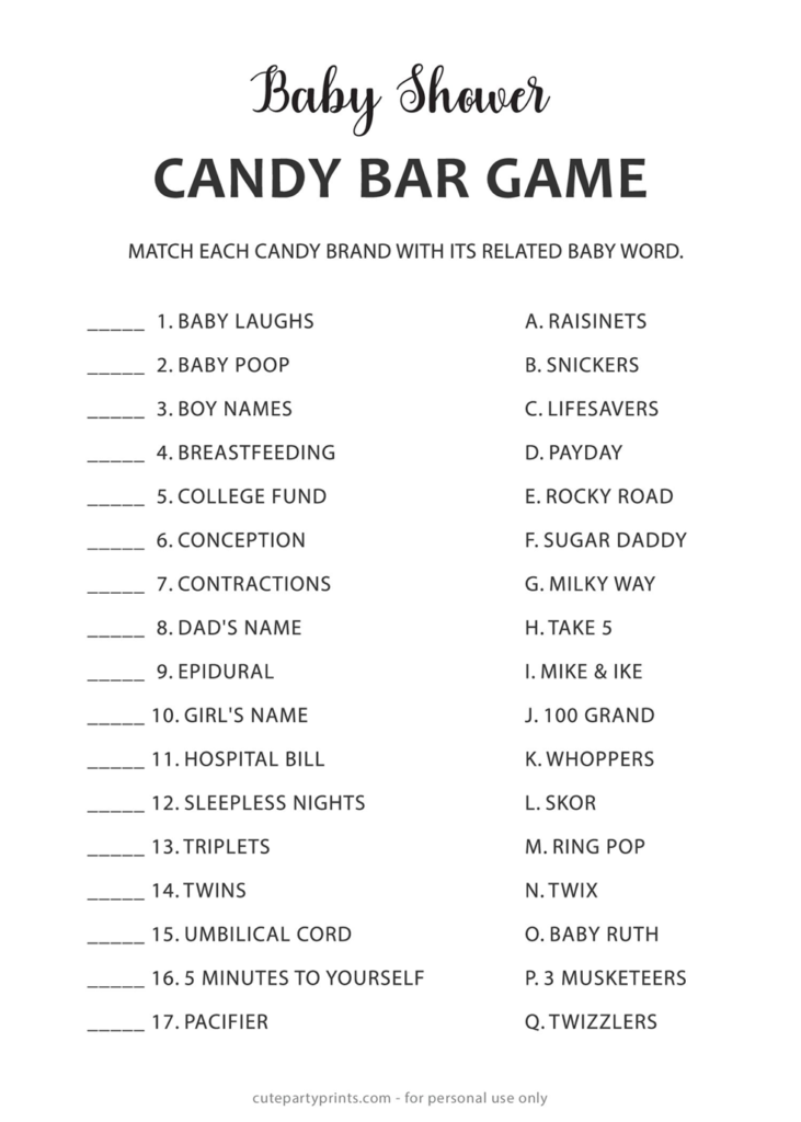 Candy Bar Baby Shower Game Free Printable