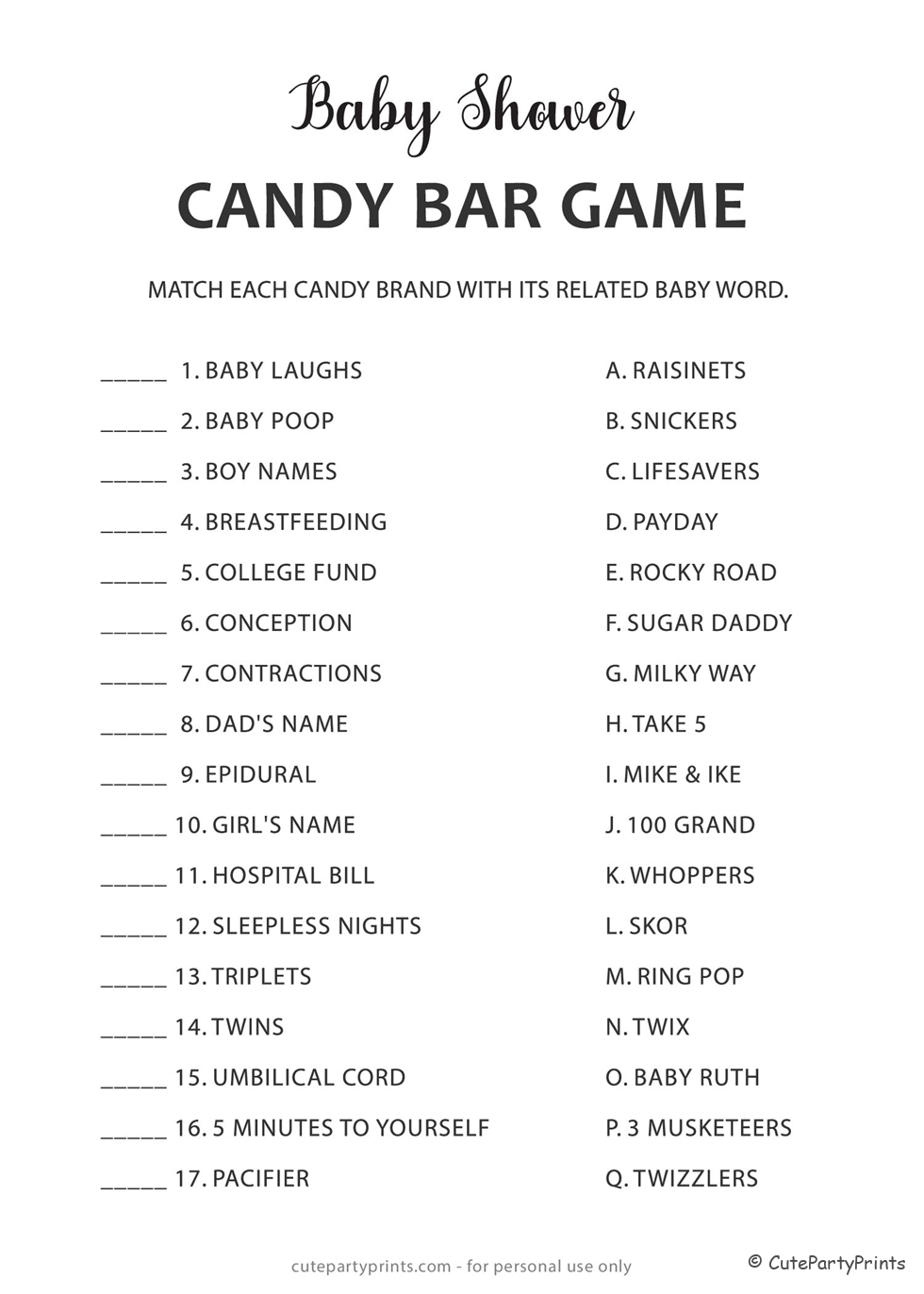 Candy Bar Game Printable