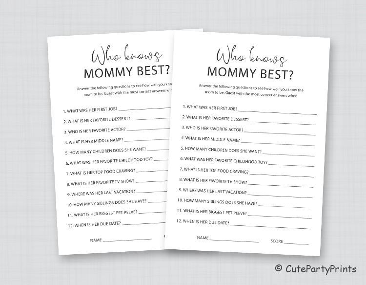 activity x10 cards answer sheet unisex Who knows mommmy best baby shower game 